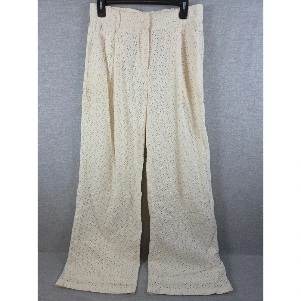 Forever‎ 21 Eyelet Crochet Wide Leg L Pants Cream Lined Fairy Cottagecore Boho
